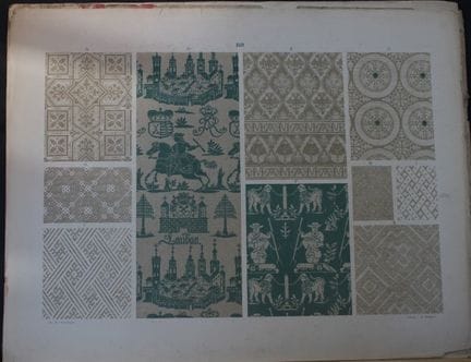菲施巴赫——《纺织品纹样设计》（1884年）。

这幅彩色石版画选自瑞士圣加仑工业艺术学校校长弗雷德