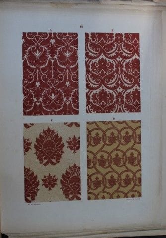 菲施巴赫——《纺织品纹样设计》（1884年）。

这幅彩色石版画选自瑞士圣加仑工业艺术学校校长弗雷德