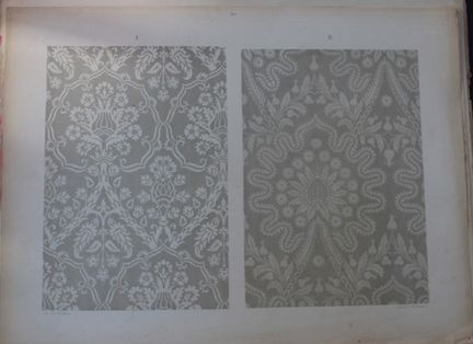 菲施巴赫——《纺织品纹样设计》（1884年）。

这幅彩色石版画选自瑞士圣加仑工业艺术学校校长弗雷德