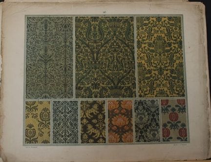 菲施巴赫——《纺织品纹样设计》（1884年）。

这幅彩色石版画选自瑞士圣加仑工业艺术学校校长弗雷德
