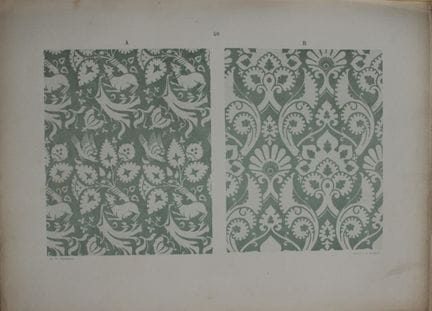 菲施巴赫——《纺织品纹样设计》（1884年）。

这幅彩色石版画选自瑞士圣加仑工业艺术学校校长弗雷德