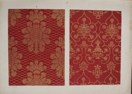 菲施巴赫——《纺织品纹样设计》（1884年）。

这幅彩色石版画选自瑞士圣加仑工业艺术学校校长弗雷德