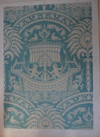 菲施巴赫——《纺织品纹样设计》（1884年）。

这幅彩色石版画选自瑞士圣加仑工业艺术学校校长弗雷德