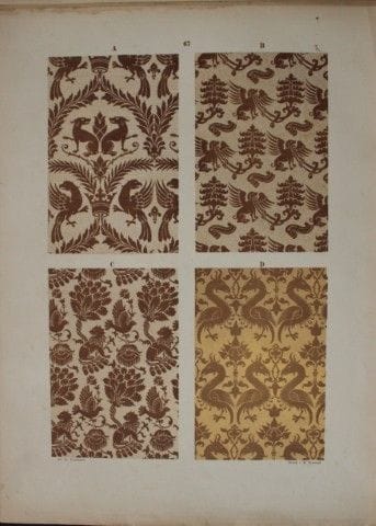 菲施巴赫——《纺织品纹样设计》（1884年）。

这幅彩色石版画选自瑞士圣加仑工业艺术学校校长弗雷德