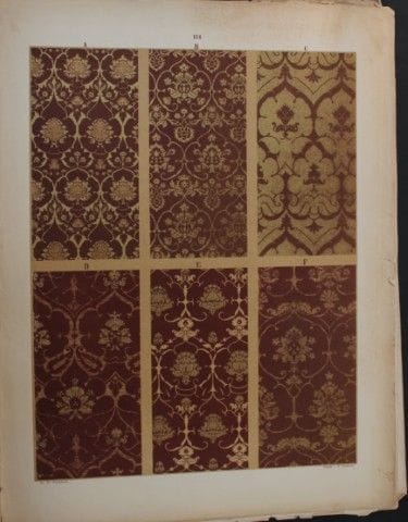 菲施巴赫——《纺织品纹样设计》（1884年）。

这幅彩色石版画选自瑞士圣加仑工业艺术学校校长弗雷德