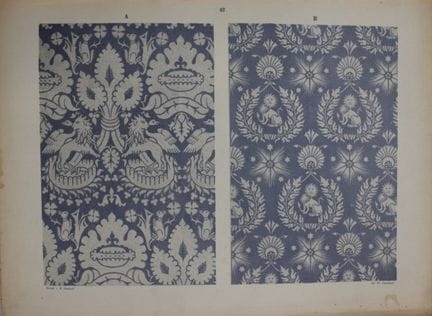 菲施巴赫——《纺织品纹样设计》（1884年）。

这幅彩色石版画选自瑞士圣加仑工业艺术学校校长弗雷德