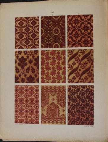 菲施巴赫——《纺织品纹样设计》（1884年）。

这幅彩色石版画选自瑞士圣加仑工业艺术学校校长弗雷德