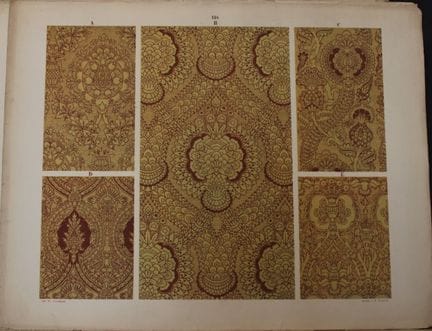 菲施巴赫——《纺织品纹样设计》（1884年）。

这幅彩色石版画选自瑞士圣加仑工业艺术学校校长弗雷德