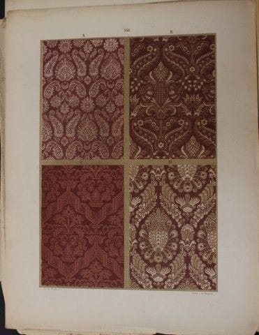 菲施巴赫——《纺织品纹样设计》（1884年）。

这幅彩色石版画选自瑞士圣加仑工业艺术学校校长弗雷德