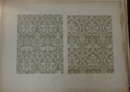 菲施巴赫——《纺织品纹样设计》（1884年）。

这幅彩色石版画选自瑞士圣加仑工业艺术学校校长弗雷德