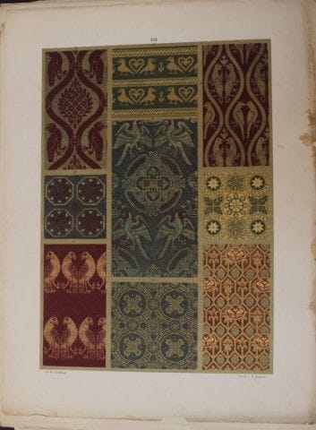 菲施巴赫——《纺织品纹样设计》（1884年）。

这幅彩色石版画选自瑞士圣加仑工业艺术学校校长弗雷德