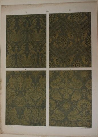 菲施巴赫——《纺织品纹样设计》（1884年）。

这幅彩色石版画选自瑞士圣加仑工业艺术学校校长弗雷德