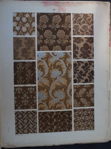 菲施巴赫——《纺织品纹样设计》（1884年）。

这幅彩色石版画选自瑞士圣加仑工业艺术学校校长弗雷德