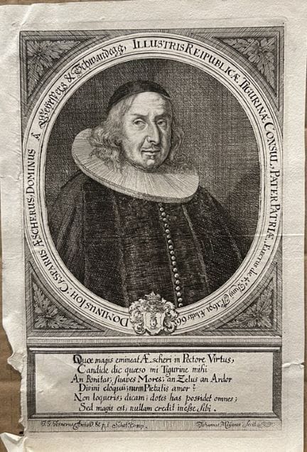 汉斯·卡斯帕·埃舍尔——约翰内斯·迈耶于1710年左右雕刻。

这幅历史版画描绘了汉斯·卡斯帕·埃舍