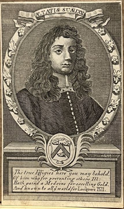 Portrait engraving of Lionel Lockyer c1750.

This 
