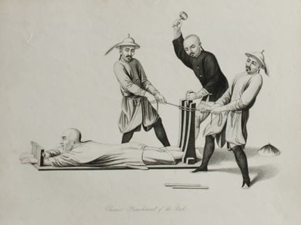 托马斯·阿洛姆——1859年《中国拷问架》铜版画。

这幅古版画题为《中国拷问架刑罚》，作者为托马斯
