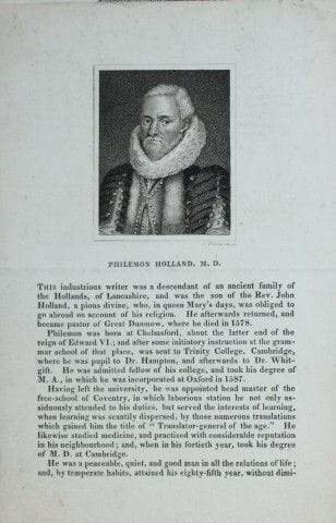 Engraving of Philemon Holland by J Thompson 1820.
