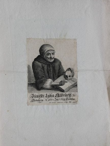 Incisione di Lydia Albrecht, 1738.

Questa incisio