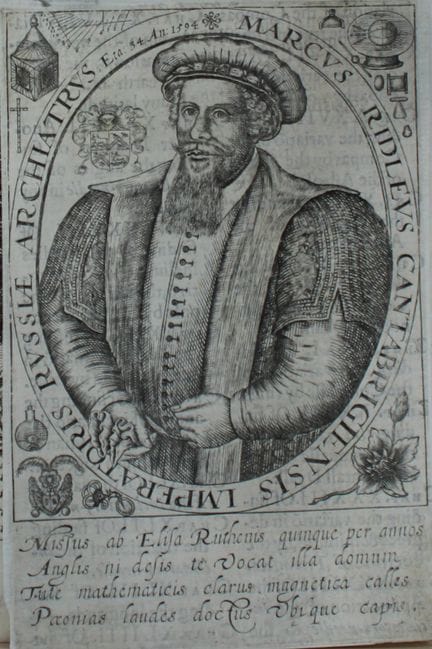 英国医生兼数学家马克·里德利的版画，1613年。

这幅英国医生兼数学家马克·里德利（MARCVS 