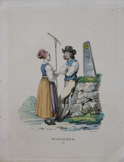 桑德伯格——福尔塞尔于1836年创作的瑞典温加克尔手绘石版画。



这幅描绘瑞典民族服饰和风景的手
