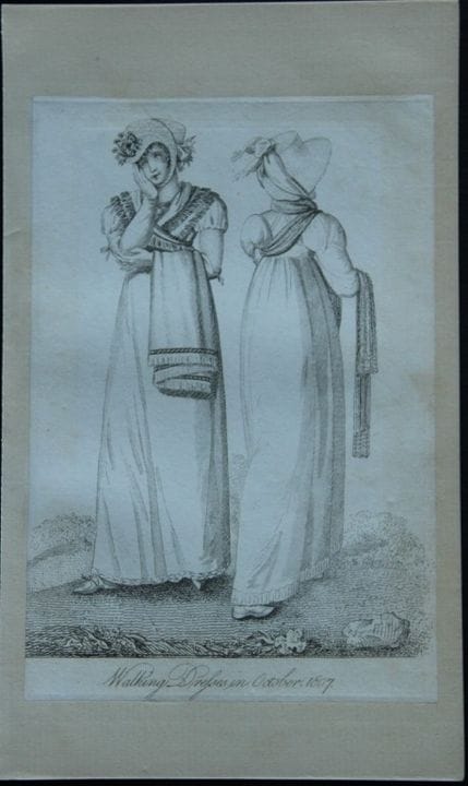 R·桑兹——《1807年散步礼服》版画。

这些手工上色的版画由R·桑兹创作，由弗诺、胡德与夏普出版