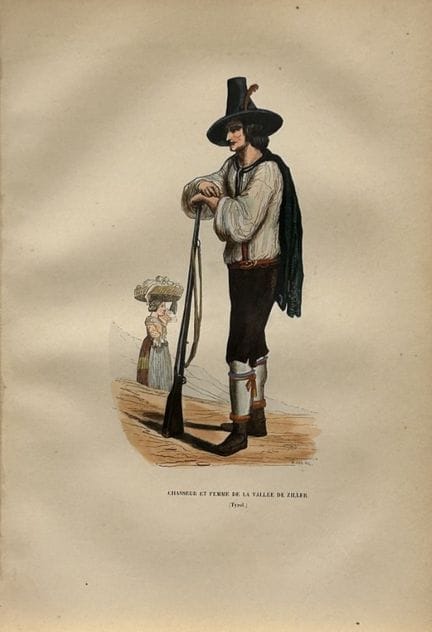 A Wahlen - Woodcut engraving of Hunter and woman f