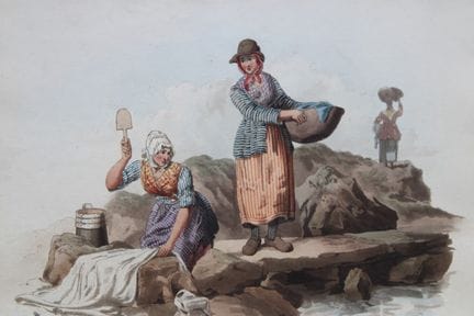 威廉·H·派恩——《威尔士洗衣场》，1808年。

这幅水彩蚀刻版画出自《大不列颠服饰》一书，该书由
