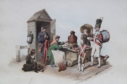 威廉·H·派恩——《1808年萨洛普郡的售货妇》。

这幅水彩蚀刻版画出自《大不列颠服饰》，由威廉·