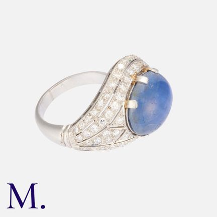 Bague Art déco en platine, sertie d'un saphir cabo