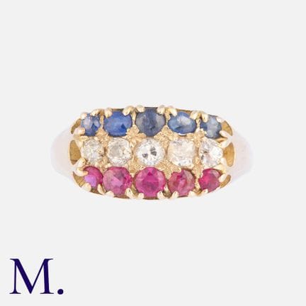Bague à trois rangées en or jaune, sertie de saphi