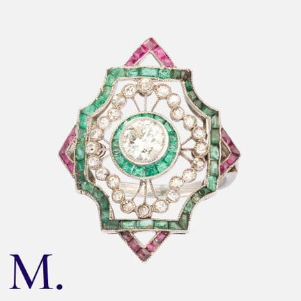 Bague Art déco en platine, sertie d’émeraudes, de 