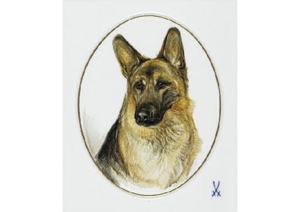 迈森（MEISSEN），瓷板画《牧羊人》，18×15厘米，画面右下角及背面均有标记。