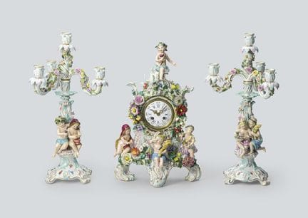 MEISSEN, Kaminuhr &amp; Kerzenständer „Allegorie –