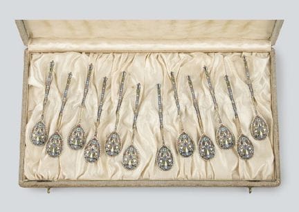 , Silberslöffel mit Emaille (12er-Set), L 14,4 cm,