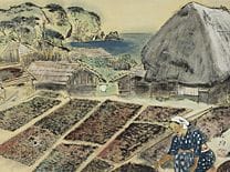 小松仁，《海边的村庄》，
纸本水墨设色，12幅日本画规格（高60.6厘米），署名并盖章，已装裱。

