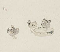 小杉穗安，题《小鸡》，
纸本水墨设色，39.8×45.5厘米，署名并盖章，装裱为卷轴，附有艺术家签名