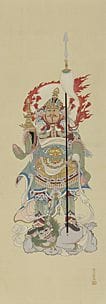 木村布山，《毗沙门天》，
丝绸上水墨设色，118.3×41.9厘米，署名并盖章，装裱为卷轴，附带一个