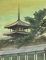 林功，《晨光》，
丝绸水墨设色，6幅日本画规格（高41厘米），署名并盖章，附有艺术家亲笔签名并标注题