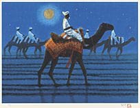 HIRAYAMA Ikuo, Camel in desert, moon, 
screenprint
