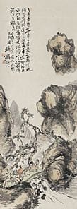 富冈铁斋，《山谷煮茶》，
1887年，纸本水墨设色，131.5×48.9厘米，题跋并盖章，装裱为卷轴
