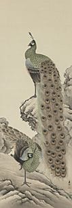 铃木卡松，《孔雀》，
丝绸上水墨设色，148×52.5厘米，署名并盖章，装裱为卷轴形式，配有冈田花恩