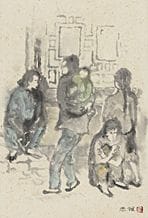 高山龙雄，《北京闲谈》，
纸本水墨设色，54.7×36.8厘米，署名并盖章，附有艺术家亲笔签名并标注