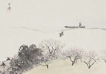 河合玉堂，《渡口春夜》，
纸本水墨设色，42x58.1厘米，署名并盖章，装裱为卷轴，附有艺术家亲笔签