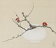 小仓由纪，《白瓷与花》，
丝绸上水墨设色，51.7×59.2厘米，署名并盖章，已装裱。

附小仓健一