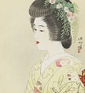 伊藤新水，《舞妓》，
纸本水墨设色，26.7×24厘米，署名并盖章，附有艺术家签名的画板，已装裱。
