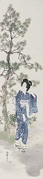伊藤深水，《晨露》，
纸本水墨设色，128.9×31.8厘米，题款并盖章，装裱为卷轴，附有艺术家亲笔