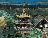 GOTO Sumio，《绿色大和》，
纸本水墨彩绘，13×16.5厘米，署名并盖章，附有艺术家亲笔签
