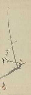 竹内清峰，《一枝香梅》，
绢本水墨设色，95×32.6厘米，署名并盖章，装裱为手卷，附有艺术家亲笔签