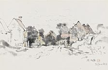 高山达夫，《第戎郊区》，
纸本水墨彩绘，35.5×54.2厘米，署名并盖章，附有艺术家亲笔签名并标注