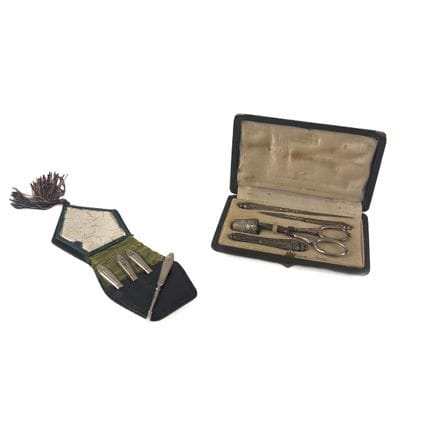 Set de costura de plata y plata chapada, cincelado